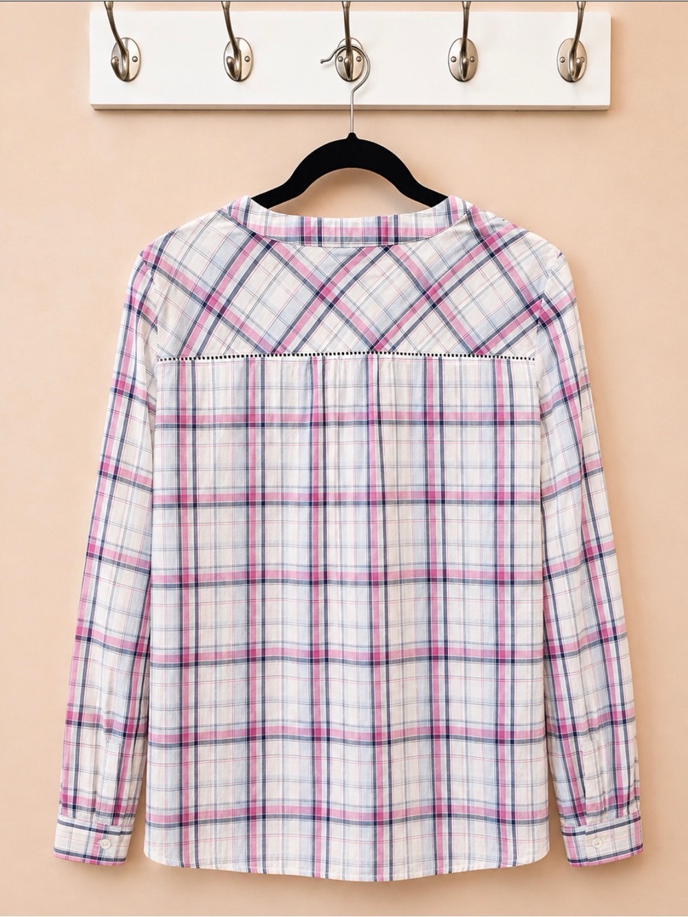 Talbots Plaid Cotton Popover Blouse Pink Blue Long Sleeve L - Picture 3 of 4